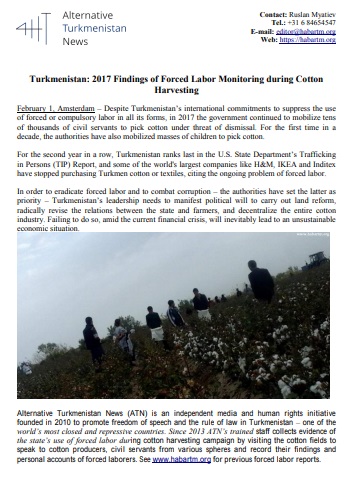 Turkmenistan: 2017 Findings of Forced Labor Monitoring during Cotton Harvesting